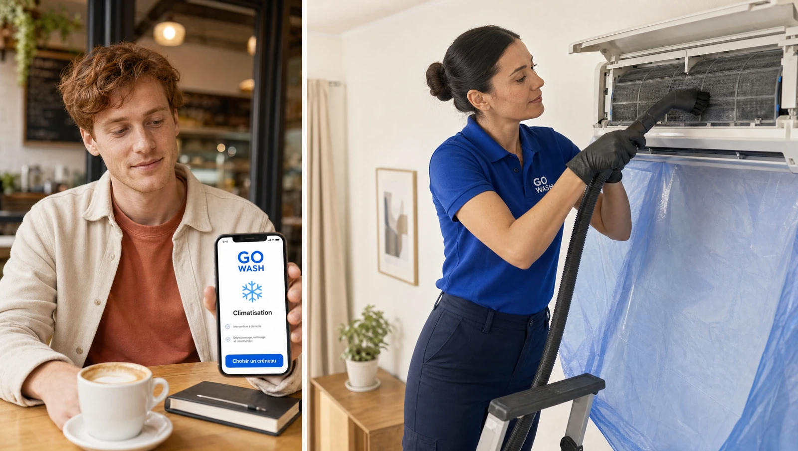 Un client en tenue claire consulte l’app Go Wash pendant une pause café. Une professionnelle en uniforme bleu marqué GO WASH entretient une climatisation murale.