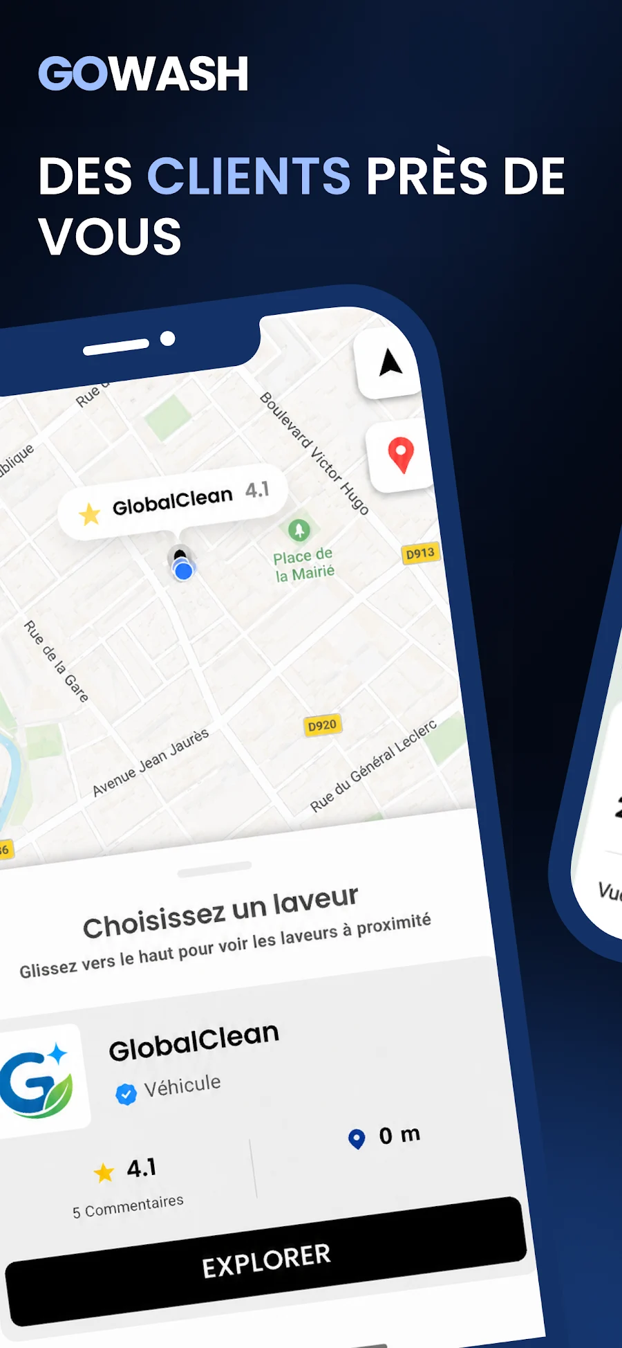 Visuel officiel GoWash Pro montrant comment les clients trouvent un professionnel sur la carte.